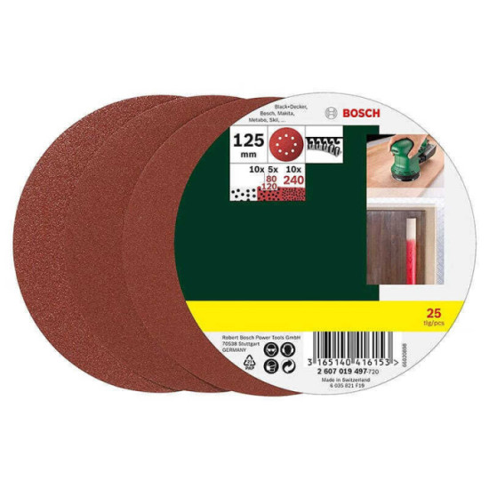 Lot d'abrasifs 125 mm grain 80 120 240 25 pcs Bosch Professional