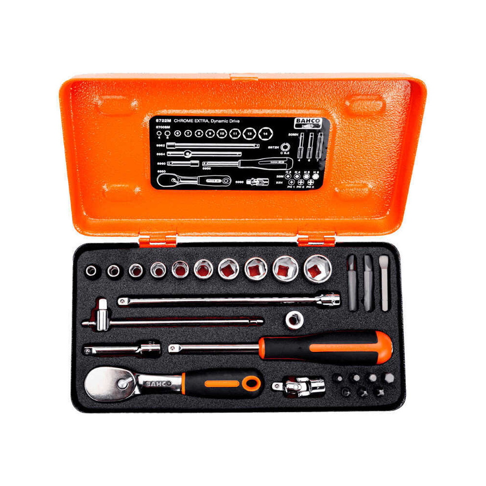 Coffret douilles 1/4 pouce 4 à 14 mm + cliquet Bahco 6722M