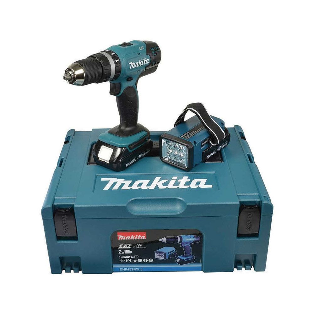 Perceuse à percussion Makita DHP453RYLJ + lampe 18V