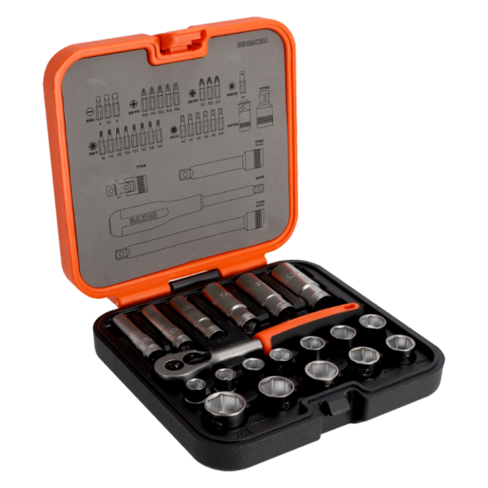 Jeu de douilles et douilles longues 6 pans 3/8'' dimensions métriques + embouts 1/4'' - 51 pièces Bahco S51MC3H