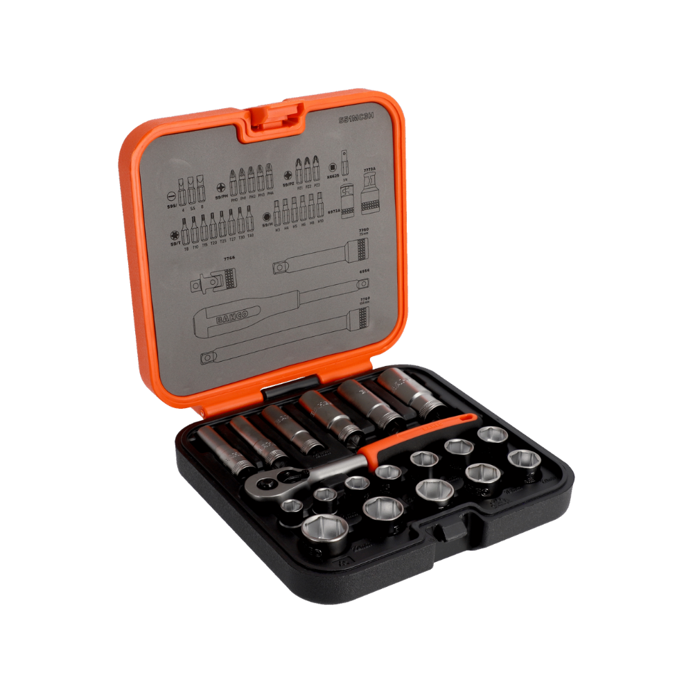 Jeu de douilles et douilles longues 6 pans 3/8'' dimensions métriques + embouts 1/4'' - 51 pièces Bahco S51MC3H