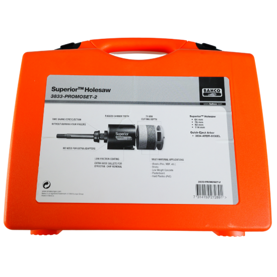 Coffret 4 scies trépans Superior multi-matériaux + arbre Bahco 3833-PROMOSET-2 - jusqu'à Ø 114 mm