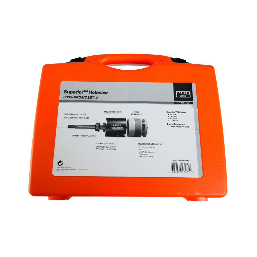 Coffret 4 scies trépans Superior multi-matériaux + arbre Bahco 3833-PROMOSET-2 - jusqu'à Ø 114 mm