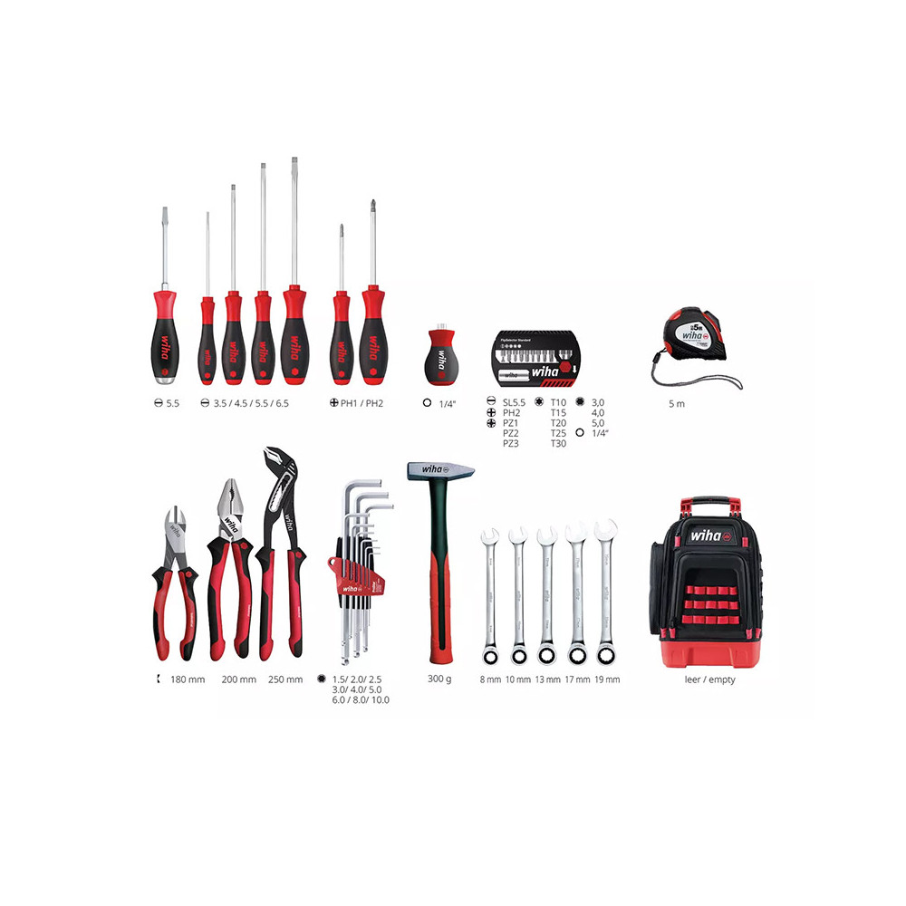 Sac à dos d'outils mécanicien Wiha 45529 - 41 pièces - tournevis, pinces, clés à cliquet
