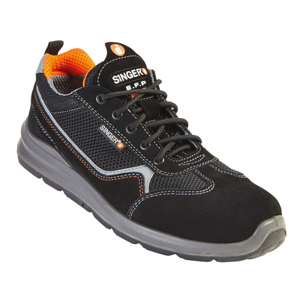 Chaussure de sécurité basse Singer Safety GENES - S1PL FO SR - sans métal - croûte velours et mesh - noir/orange