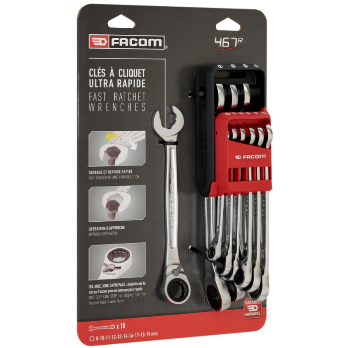 Jeu 10 clés à fourche rapide à cliquet Facom 467BR.JP10PB