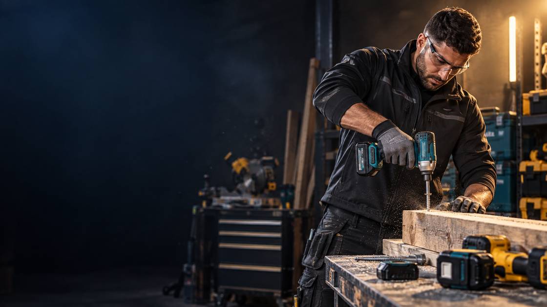 Artisan avec lunettes de protection qui visse dans une poutre en bois avec une visseuse à chocs sans fil, à l'atelier