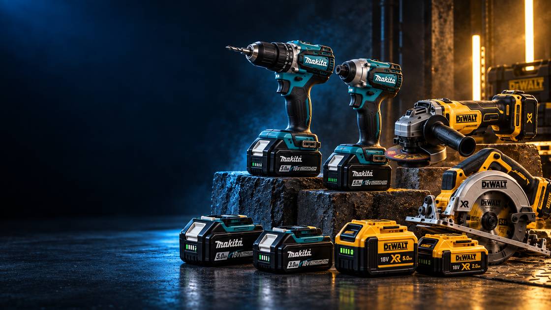 Perceuse et visseuse à chocs Makita, meuleuse et scie circulaire DeWalt, avec batteries 18V Makita et DeWalt XR
