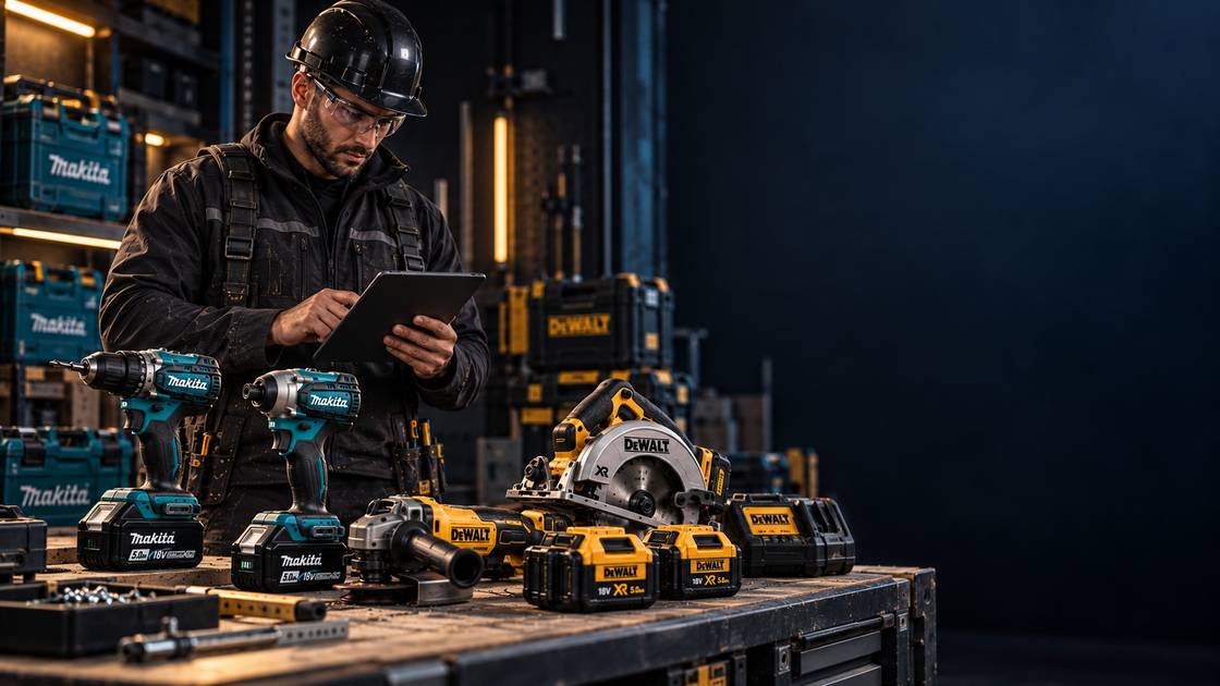 Artisan avec casque et tablette devant un établi d'outils sans fil Makita et DeWalt